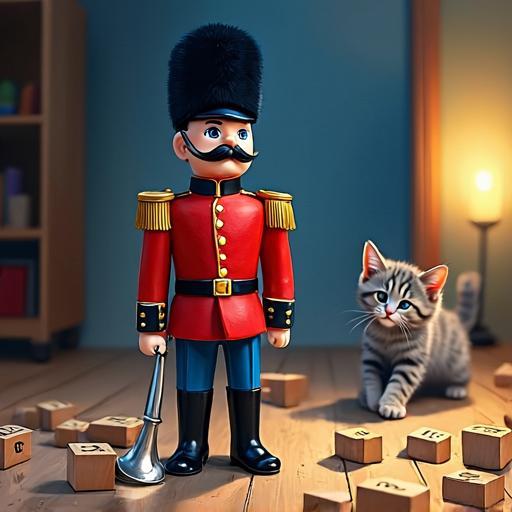 Sergeant Alistair discovers the playroom's alphabet blocks have been thrown into chaos by a playful kitten.