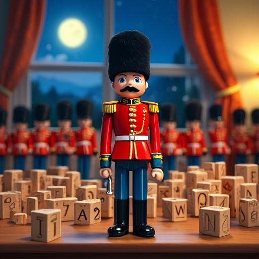 The mission is a success! The toy soldiers stand proudly as the alphabet blocks are back in perfect order on the shelf.
