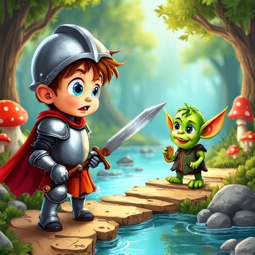 Sir Cedric encounters a puzzle bridge guarded by a tricky goblin.