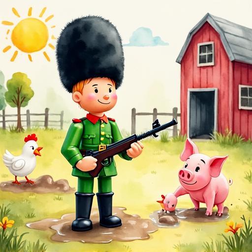 A new toy soldier arrives on the farm and is surprised by the messy farm animals.