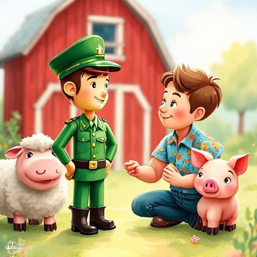 The farmer explains to Sergeant Sam that farming is about happiness, not just order.