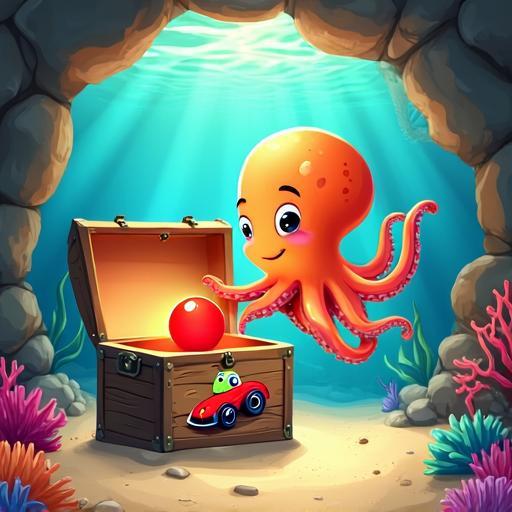 Ollie the octopus finds a toy box with a wonderful ball inside.