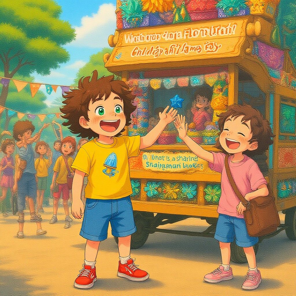 By sharing, Leo and his friends finish their spectacular float together, ready for the parade.
