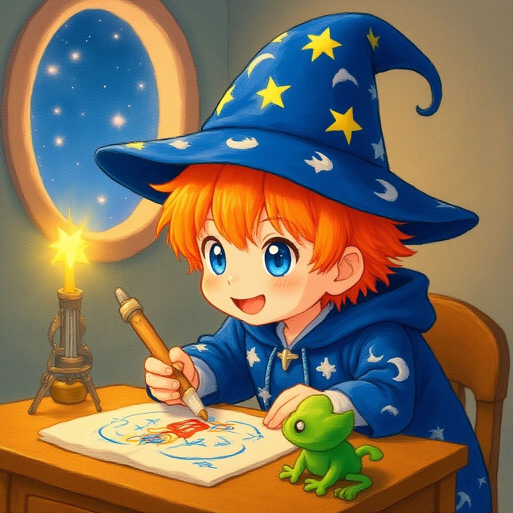 Wizzy the wizard draws a rocket at his special spacedesk, dreaming of flying to the stars.