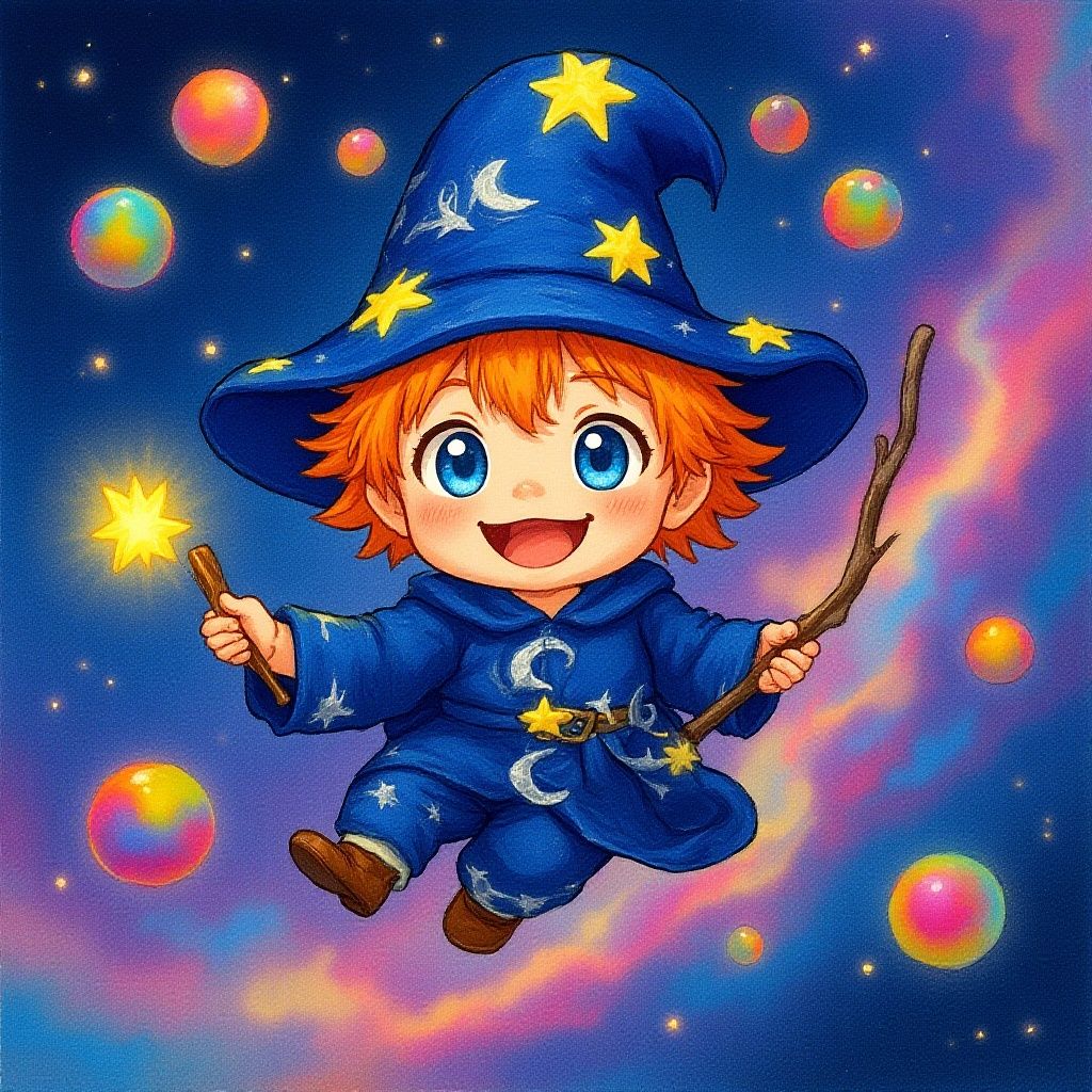 Wizzy takes a happy space walk, floating among the stars which look like fun spaceballs.