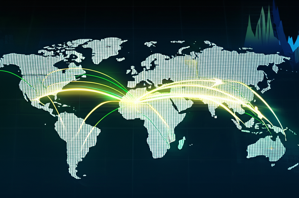 顯示中國金融機構國際化佈局的地圖，連接多個全球金融中心。