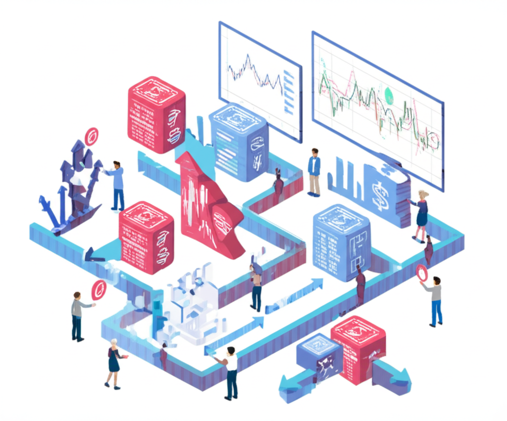 一隻手拿著放大鏡仔細檢視經濟圖表,背景是模糊的金融文件,象徵對金融數據的分析。