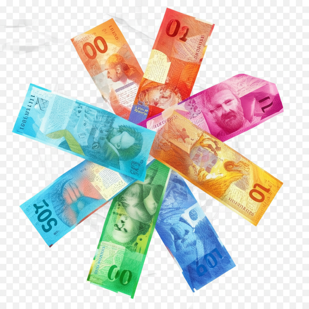 一張瑞郎鈔票特寫，背景為瑞士阿爾卑斯山，象徵其穩定與避險特性。