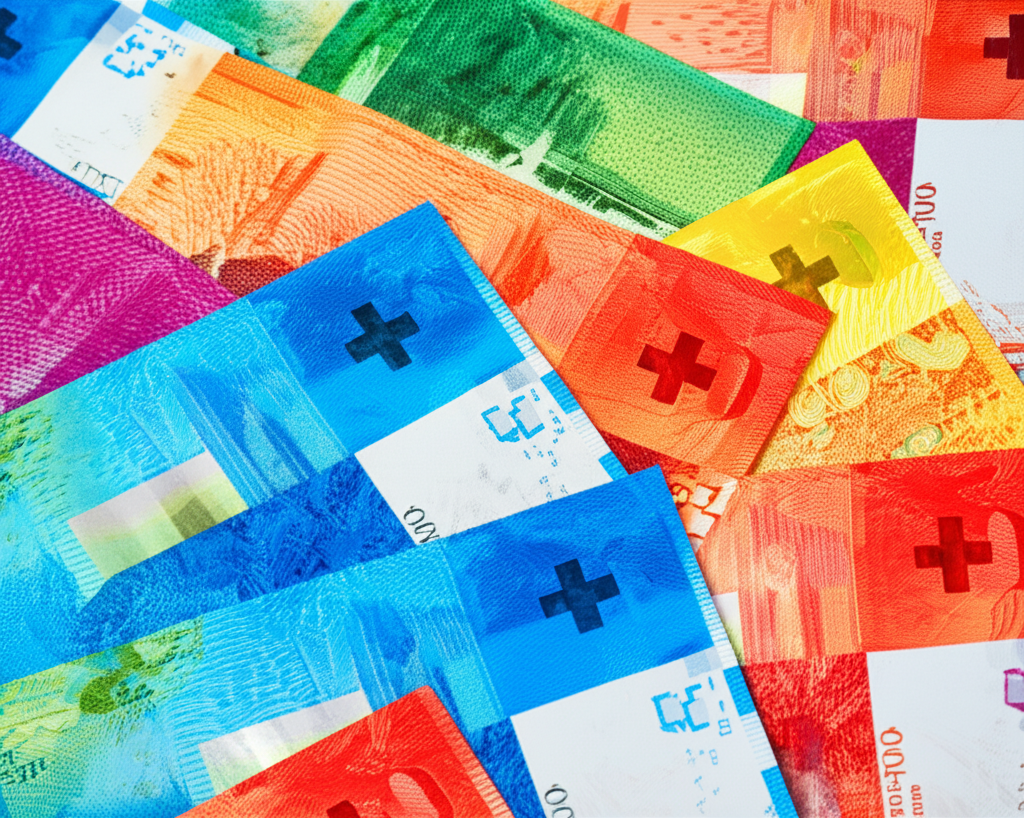 瑞士法郎鈔票放在金融報紙上,背景有貨幣符號。