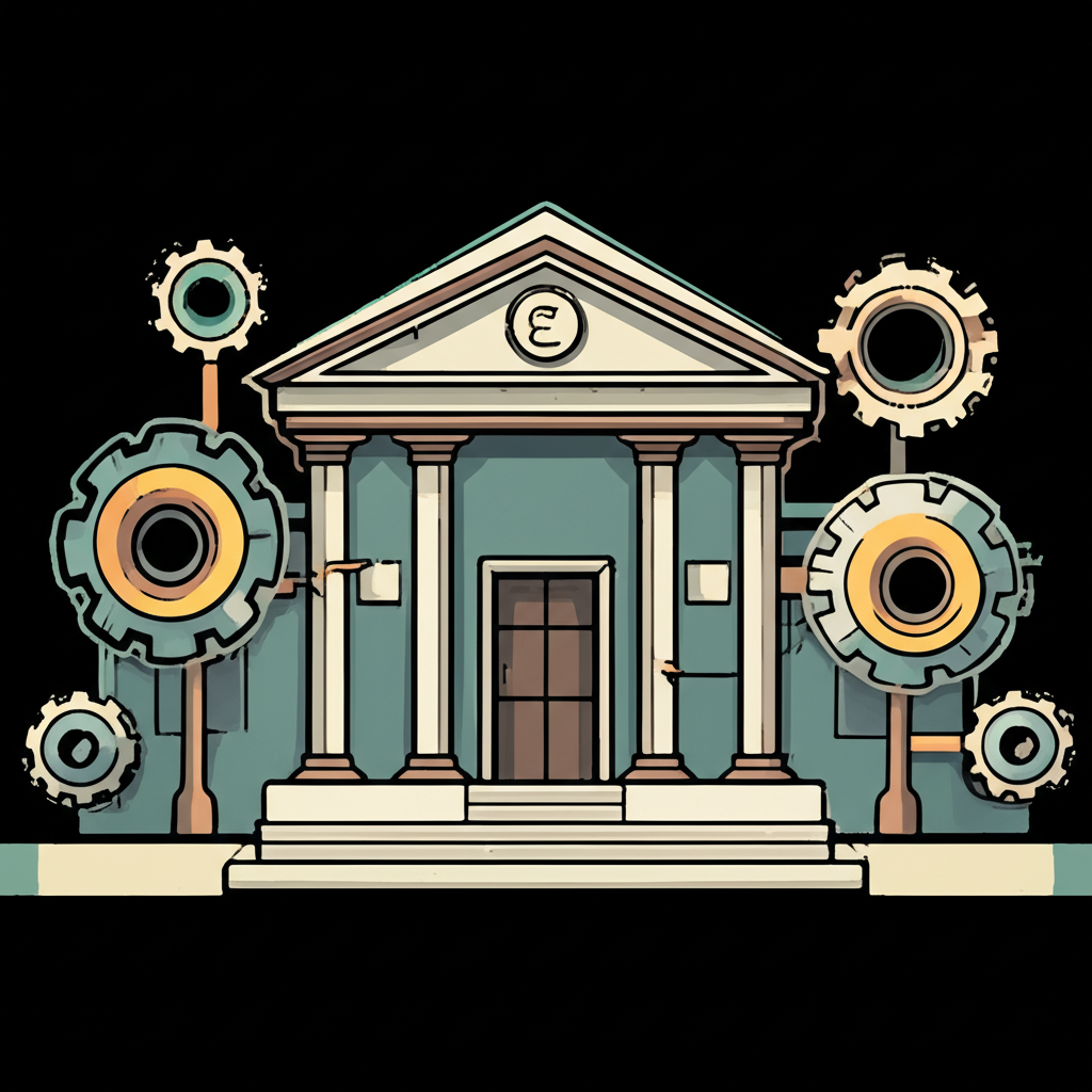 一幅插圖展示中央銀行政策對銀行、企業、股市和個人等各經濟部門產生的連鎖反應影響。