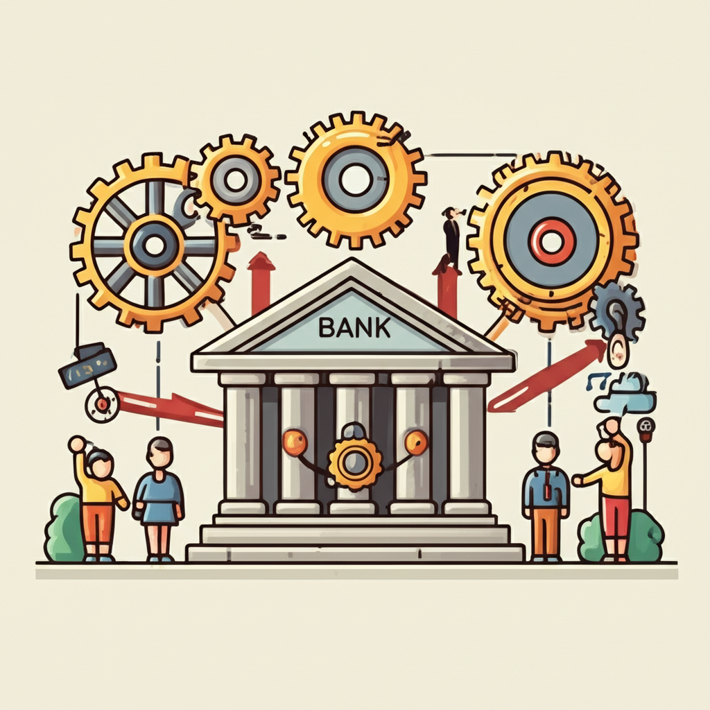 一張圖表說明貨幣乘數效應,展示初始存款如何透過銀行體系不斷貸出與存入,創造出更多市場總貨幣量。