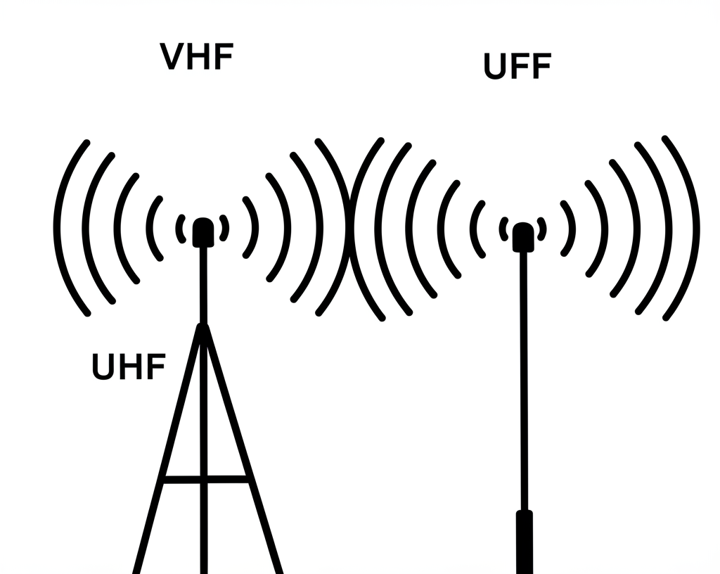 ภาพเปรียบเทียบคลื่น VHF และ UHF แสดงความแตกต่างของความยาวคลื่นและการทะลุทะลวงสิ่งกีดขวาง
