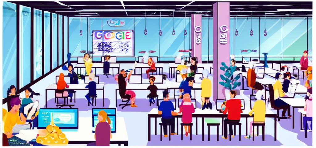 Google總部辦公場景插畫,呈現開放式空間與創新氛圍