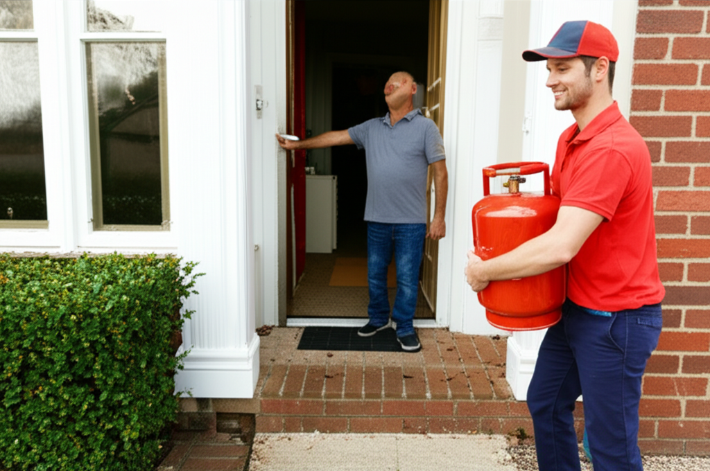 客戶在家中接收瓦斯桶，配送人員親切服務