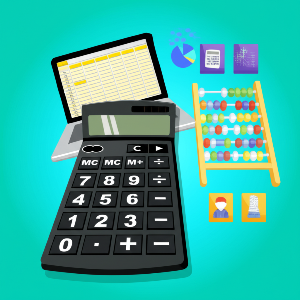 財務計算工具插畫，呈現投資者使用數位工具分析報酬的場景