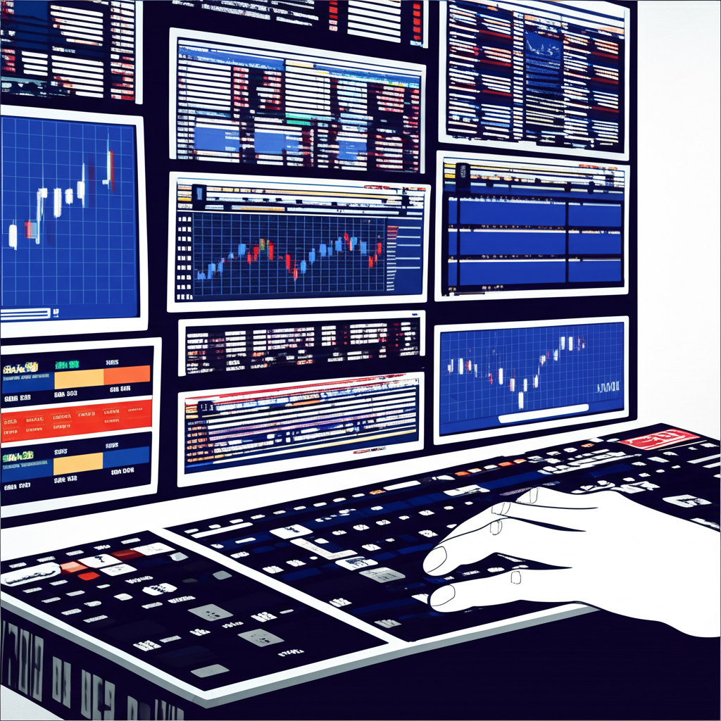 股市交易插畫，呈現投資者操作股票買賣的場景