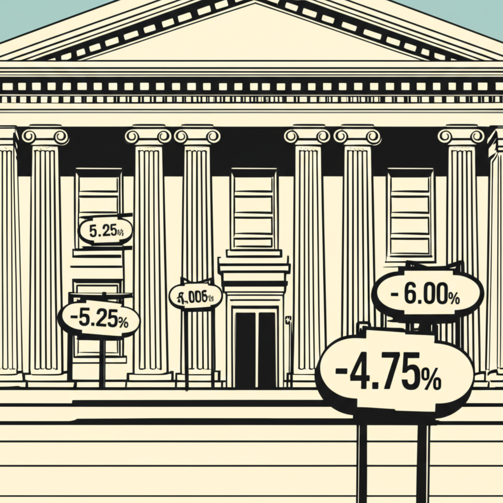 中央銀行建築與利率指標示意圖，象徵貨幣政策對金融市場的影響