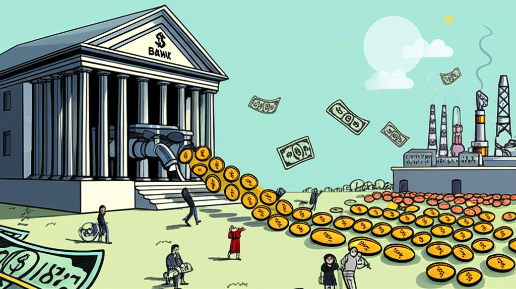 中央銀行向經濟體注入資金的示意圖,描繪央行透過購買資產釋放流動性