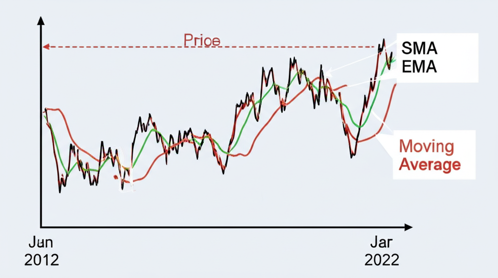 ภาพเปรียบเทียบ Simple Moving Average และ Exponential Moving Average บนกราฟการซื้อขาย