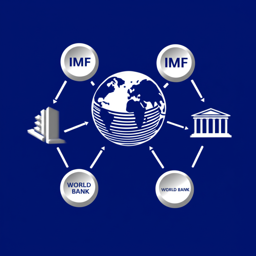 ภาพประกอบความร่วมมือทางเศรษฐกิจโลก กับสัญลักษณ์ IMF และธนาคารโลก