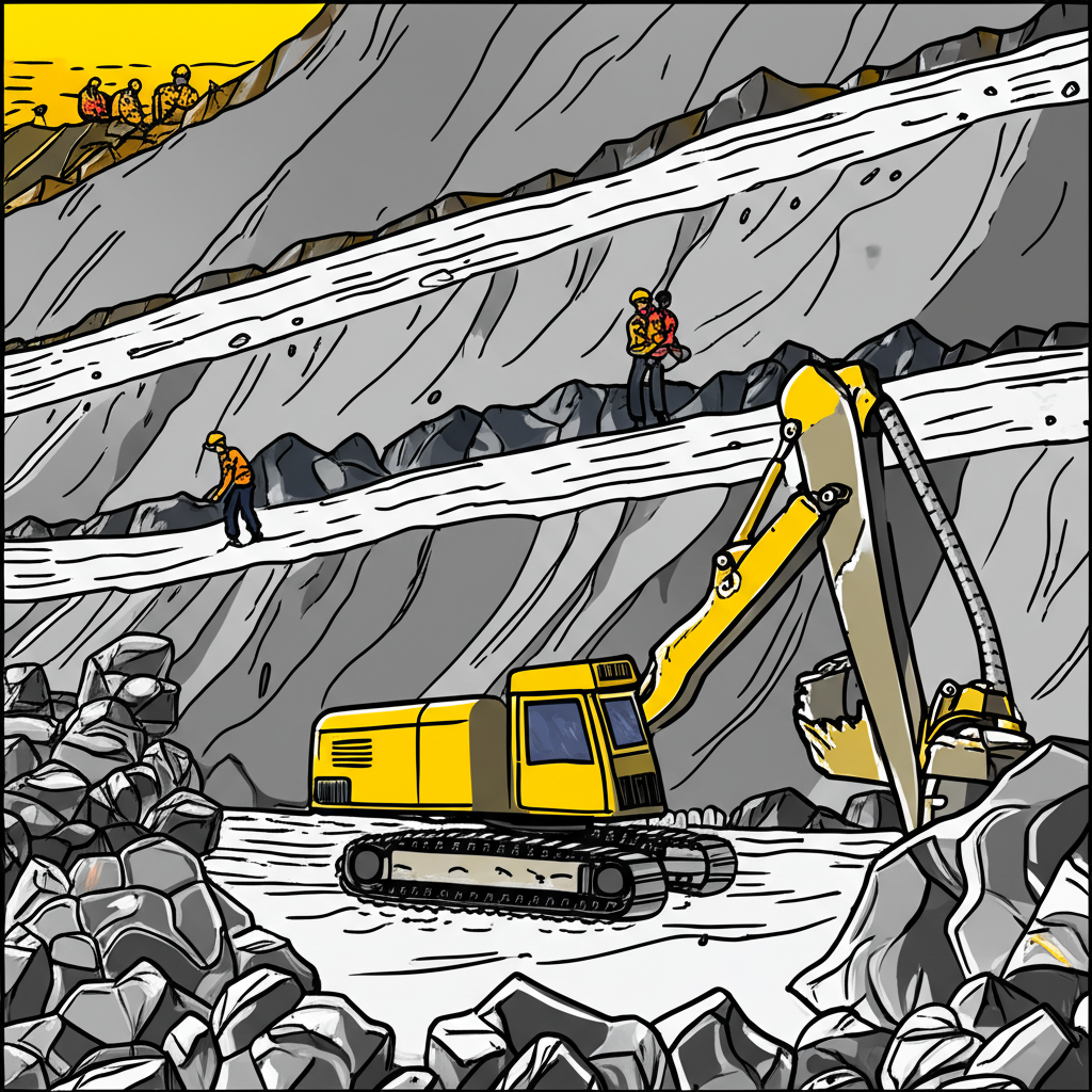 鉑金礦山開採情境插畫，描繪南非與俄羅斯主要產區作業現場