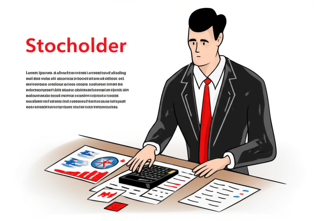 投資人計算股利示意圖，包含筆電、計算器與股票報表