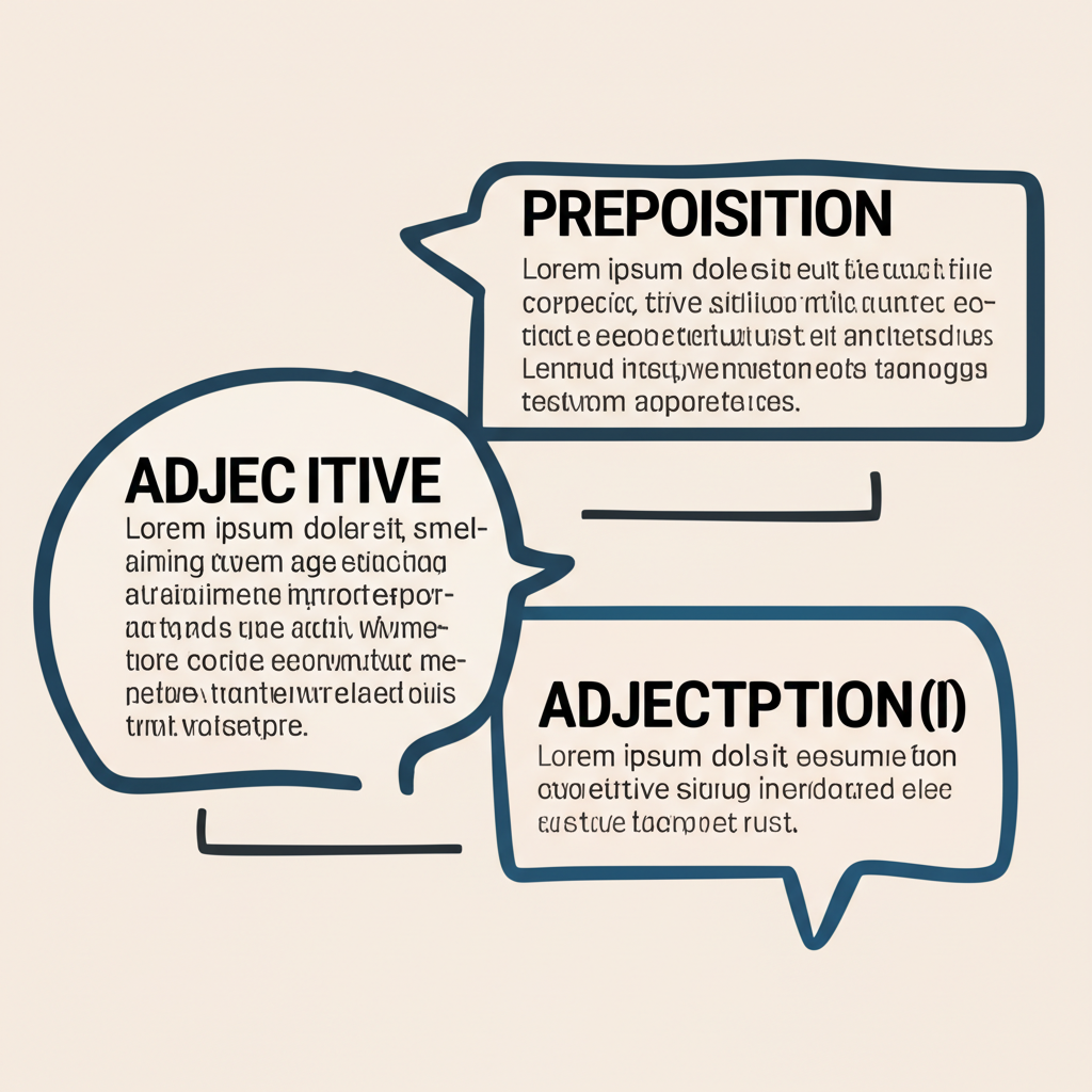 illustration of three distinct concepts following as a preposition an adjective and a noun with text bubbles explaining each