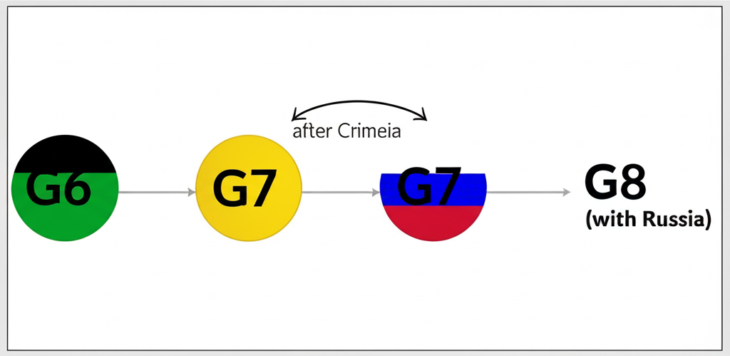 ภาพประกอบไทม์ไลน์การพัฒนาของ G7 จาก G6 สู่ G7 แล้ว G8 กับรัสเซีย ก่อนกลับสู่ G7 หลังเหตุการณ์ไครเมีย