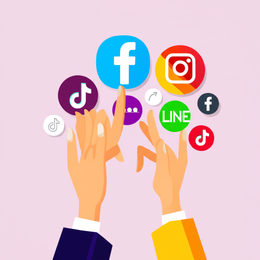 illustration of hands interacting with various social media app icons like line tiktok facebook instagram demonstrating following action