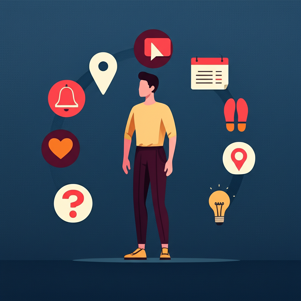 illustration of a person surrounded by various symbols representing different meanings of the word following in digital and daily life