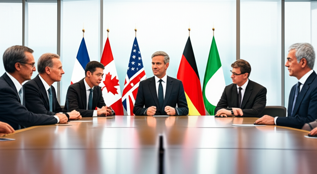 ภาพประกอบสมาชิก G7 สหรัฐอเมริกา แคนาดา สหราชอาณาจักร ฝรั่งเศส เยอรมนี อิตาลี และญี่ปุ่น กำลังหารือประเด็นระดับโลก