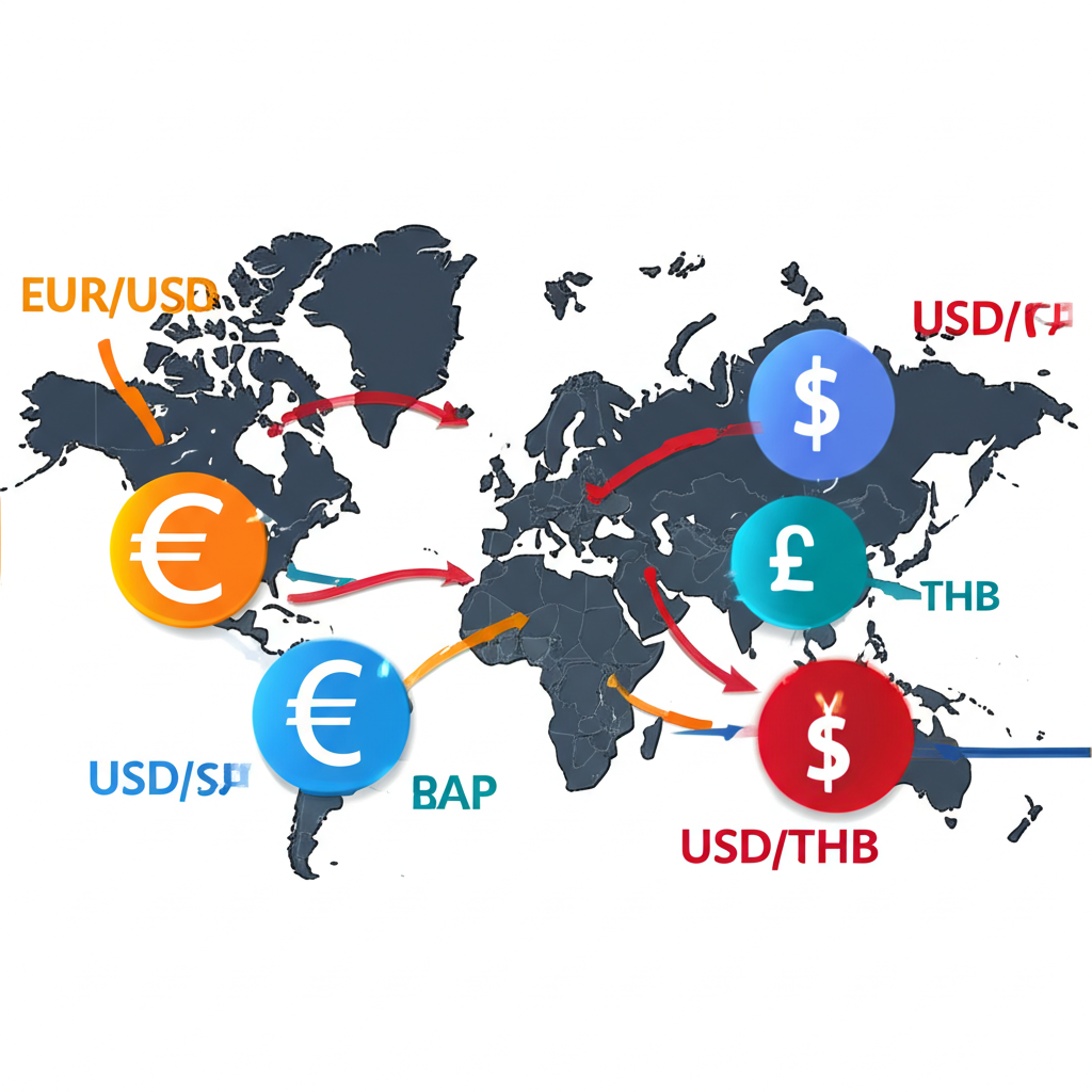 ภาพประกอบคู่สกุลเงินเช่น EUR USD USD THB ลอยรอบแผนที่โลกพร้อมลูกศรบ่งชี้การแลกเปลี่ยน
