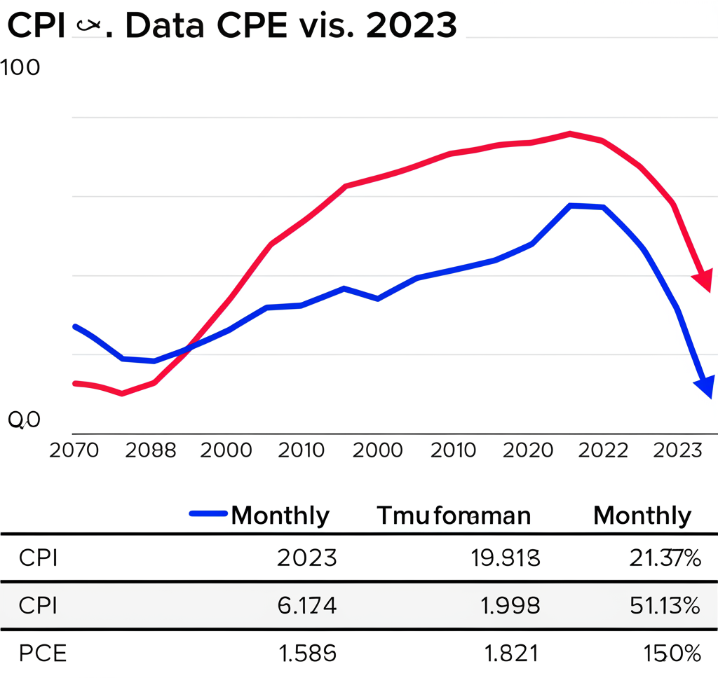กราฟเส้นแสดงแนวโน้มดัชนี CPI และ PCE ของสหรัฐฯ ในปี 2566 พร้อมตารางข้อมูลรายเดือน