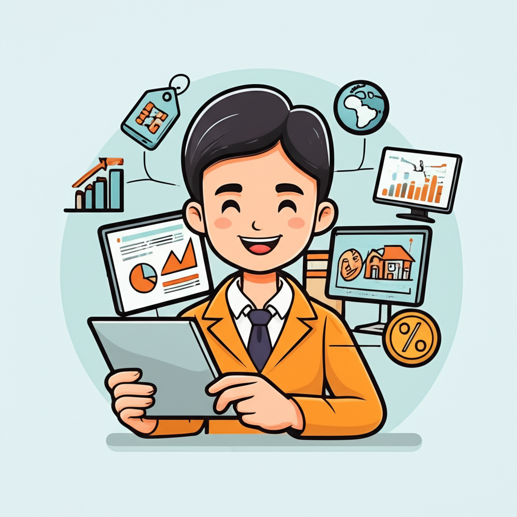 illustration of a smiling Thai investor enjoying diverse investments low fees and global access