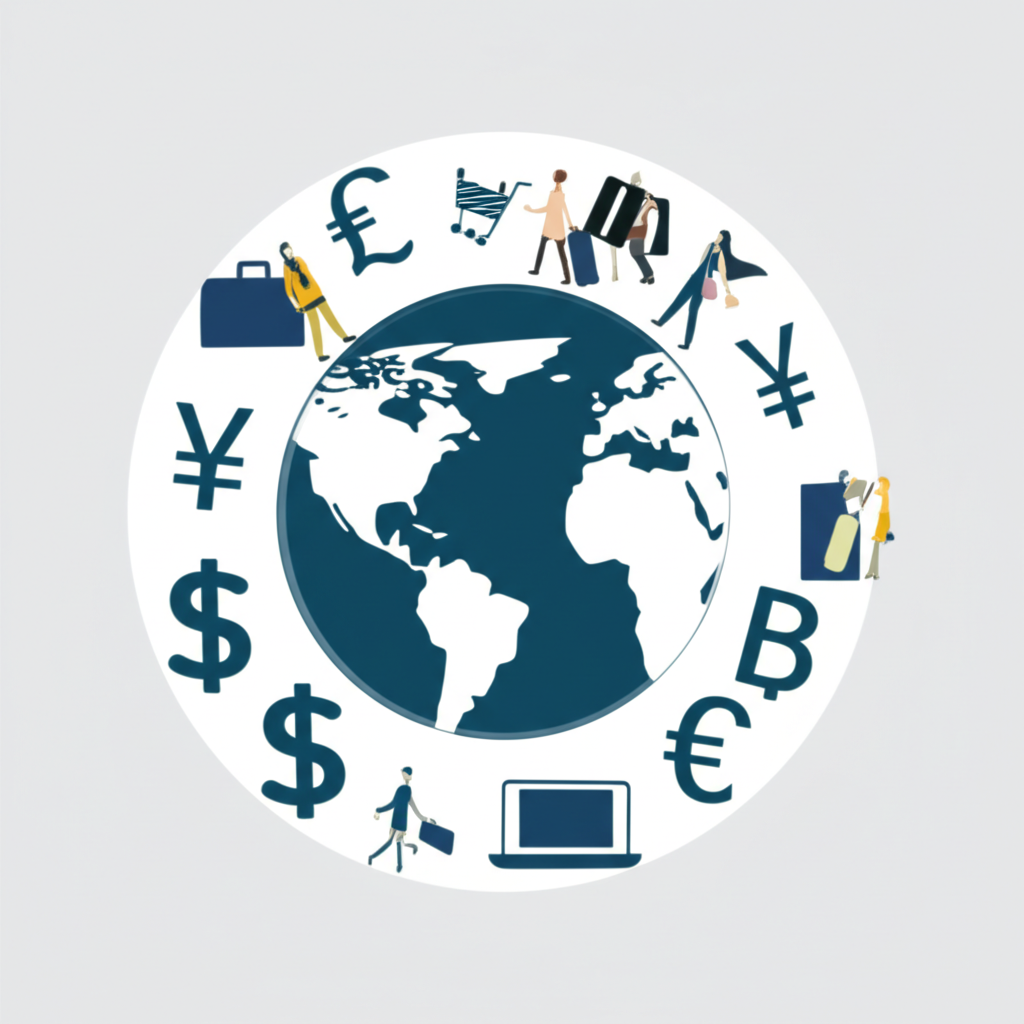 An illustration of a globe surrounded by currency symbols and people traveling or shopping online global finance