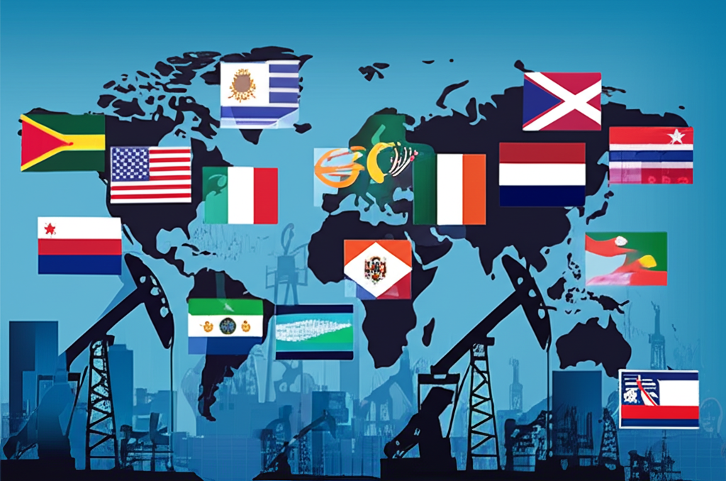 illustration a world map with ten flags representing top expensive currencies oil derricks and financial graphs in the background