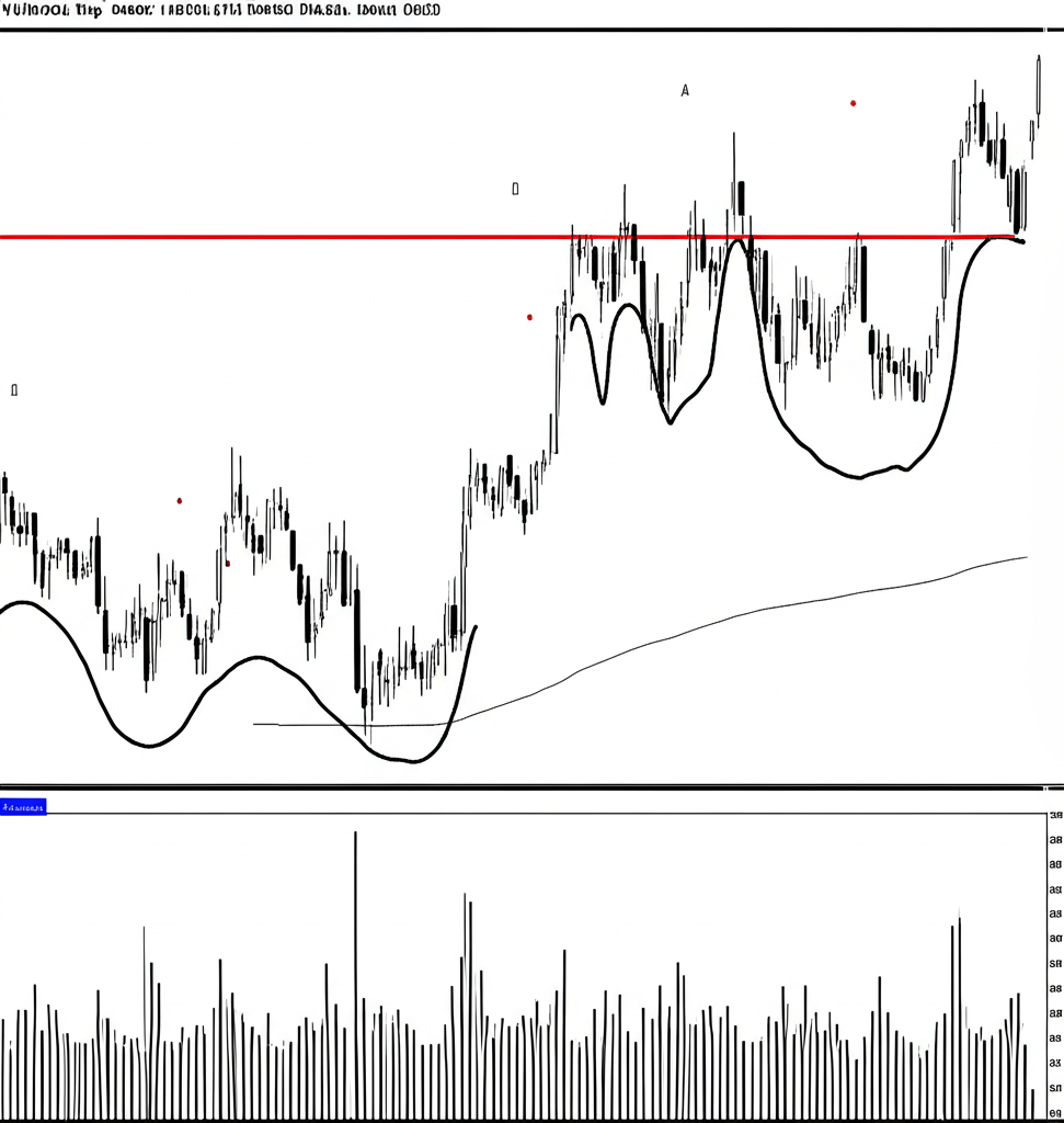 Illustration of a Triple Top Pattern chart showing three peaks two troughs a neckline and volume