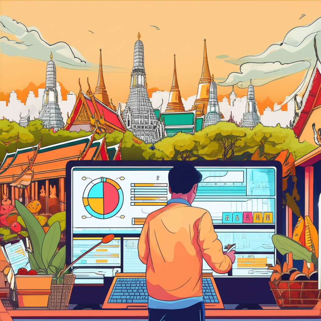 illustration of a person studying charts and graphs about currency exchange with thai landmarks in background