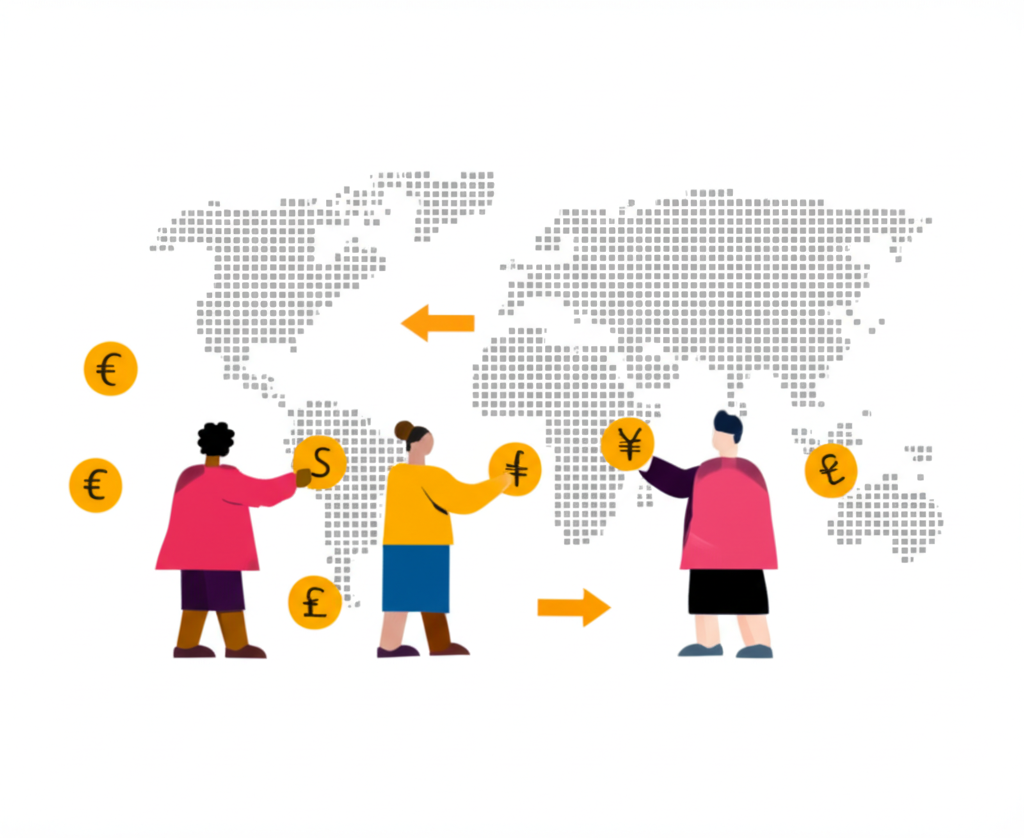 illustration of people exchanging currencies with arrows indicating fluctuating exchange rates global map background