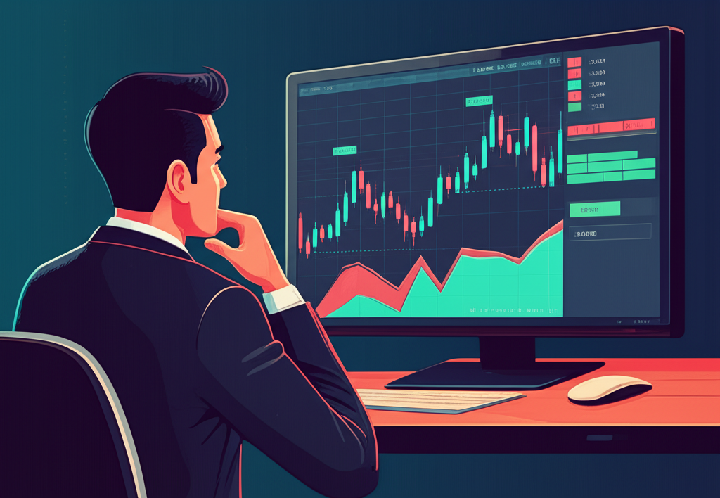 Triple Top Pattern chart with a thoughtful Thai investor analyzing market signals illustration