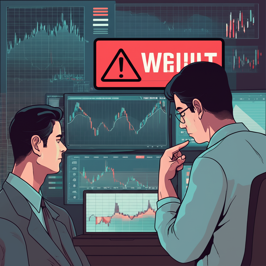 An illustration of a Thai investor looking at stock and crypto charts with a delist warning sign in a challenging financial world