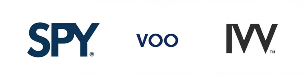 Three distinct financial symbols representing SPY VOO IVV with their logos illustration
