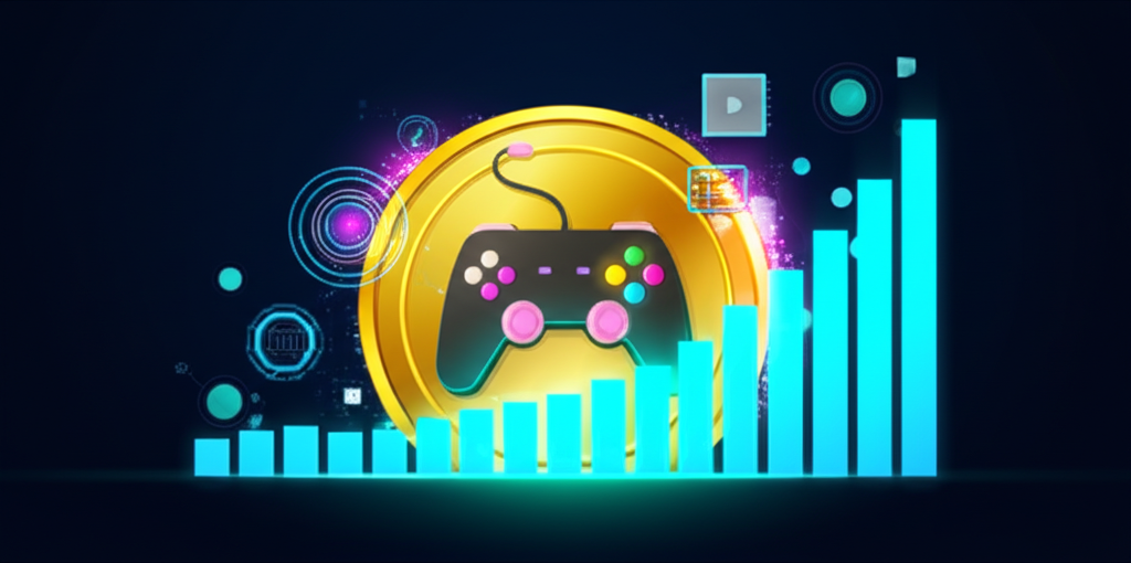 golden coin with game controller and futuristic tech symbols on a rising growth chart