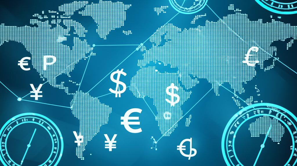 illustration of a global financial market with currency symbols and clocks indicating 24 hour trading