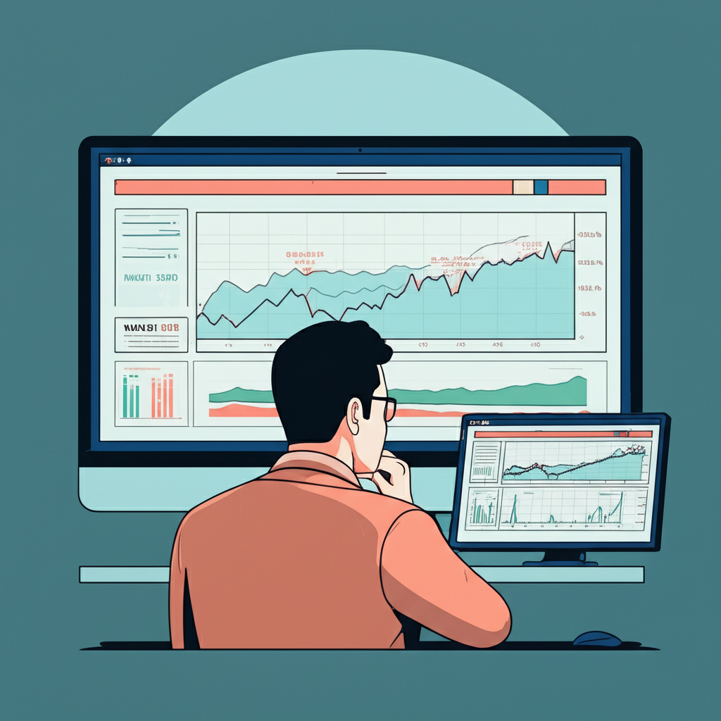 Thai investor analyzing global market screen with a prominent Nikkei 225 chart in an illustration style