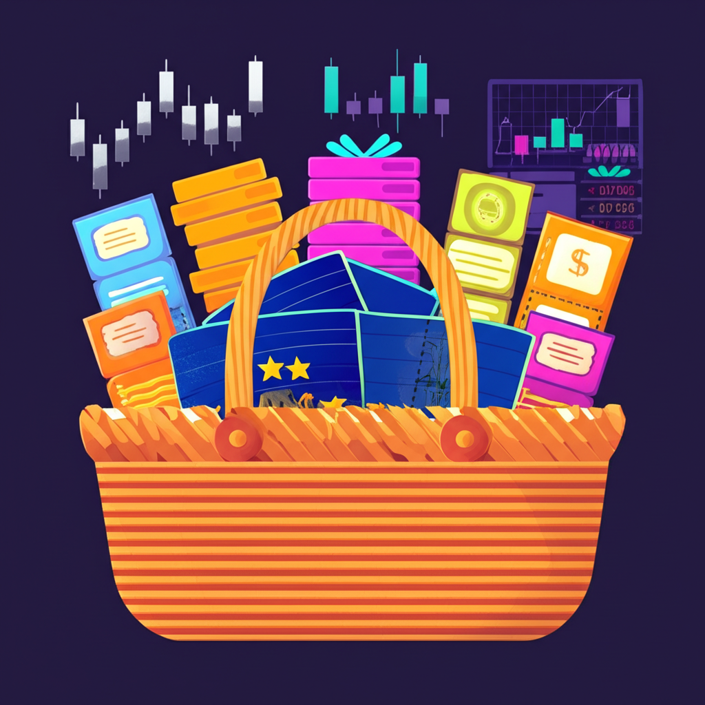 illustration of a basket filled with various financial assets like stocks and bonds traded on a digital market