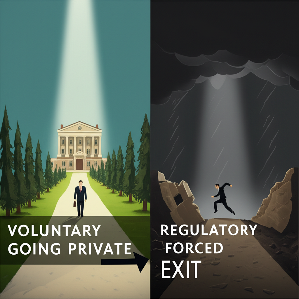 An illustration showing two paths one with a company voluntarily going private and another with a struggling company forced out by regulations