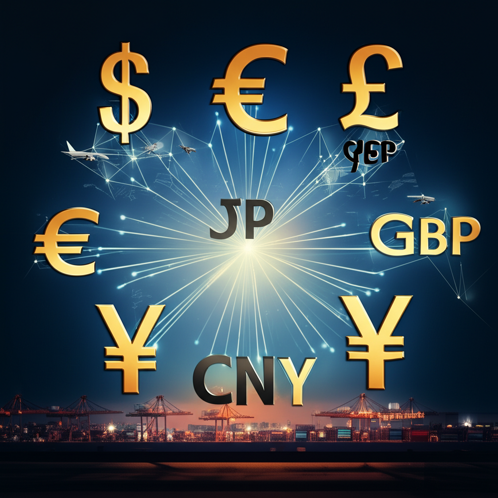 An illustration of major world currency symbols USD EUR JPY GBP CNY converging in a global trade hub