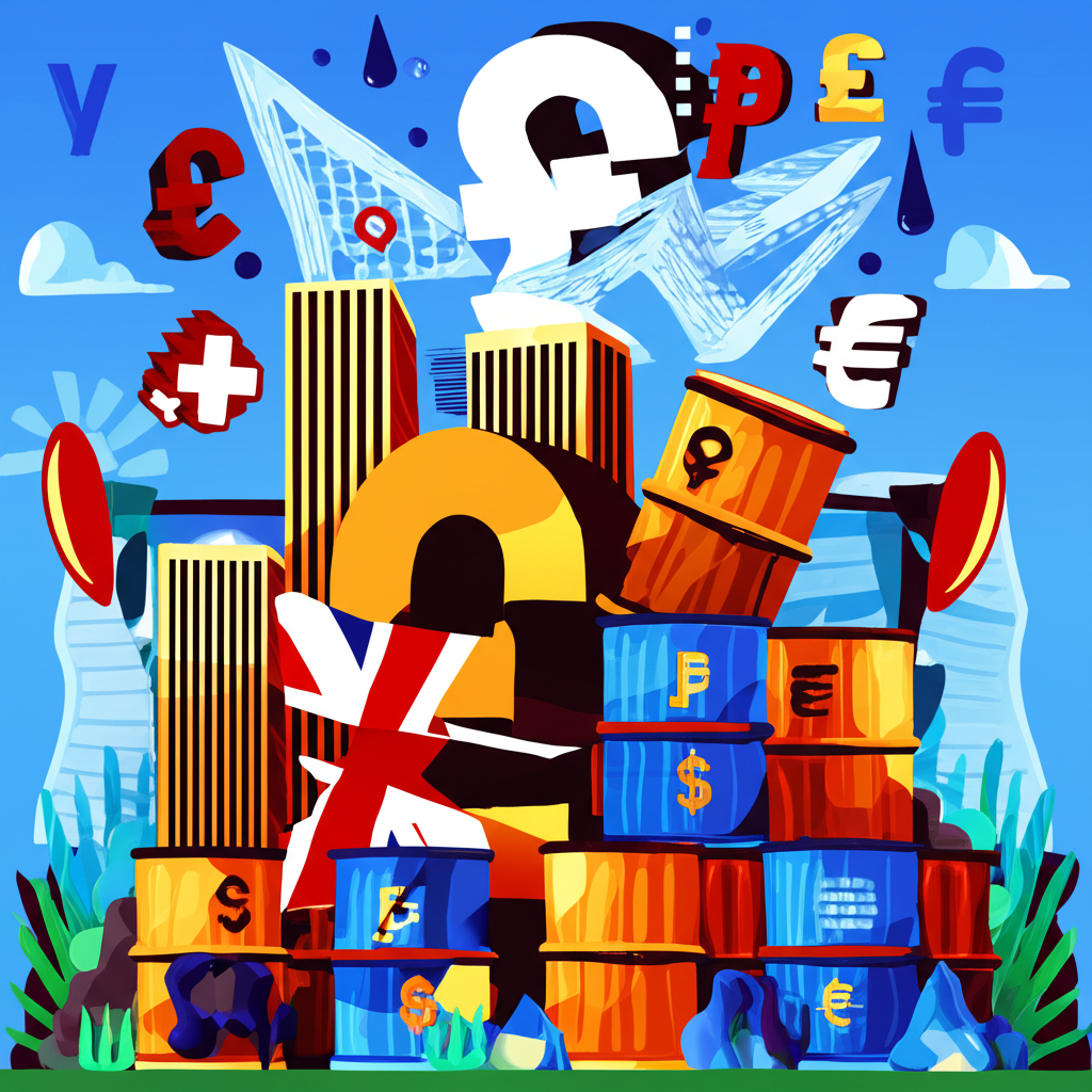 illustration diverse symbols representing currency strength oil barrels financial buildings swiss mountains a british pound sign