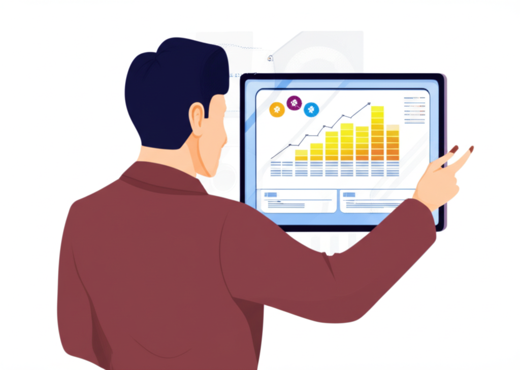 illustration of a Thai investor looking at a screen with diverse investment options and growth charts